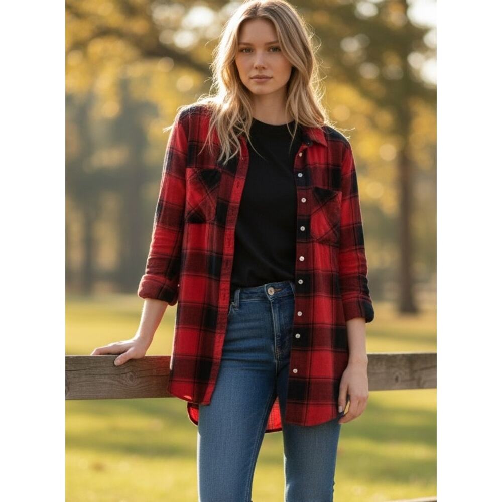 GAP womens red black plaid flannel button down long sleeve casual shirt top